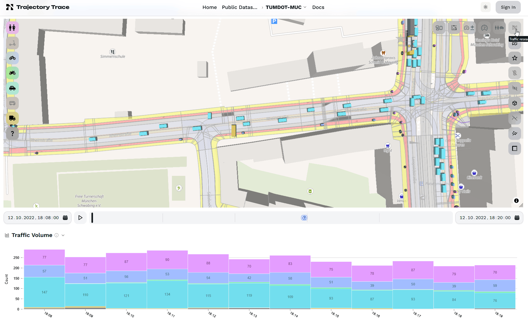 Cluster Analyse & Trajectory Trace Traffic Research Overlay – Trajektorien nach Klasse, Geschwindigkeit und Beschleunigung